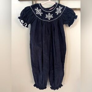 Southern Tots Navy Corduroy Smocked Snowflake Long Romper
